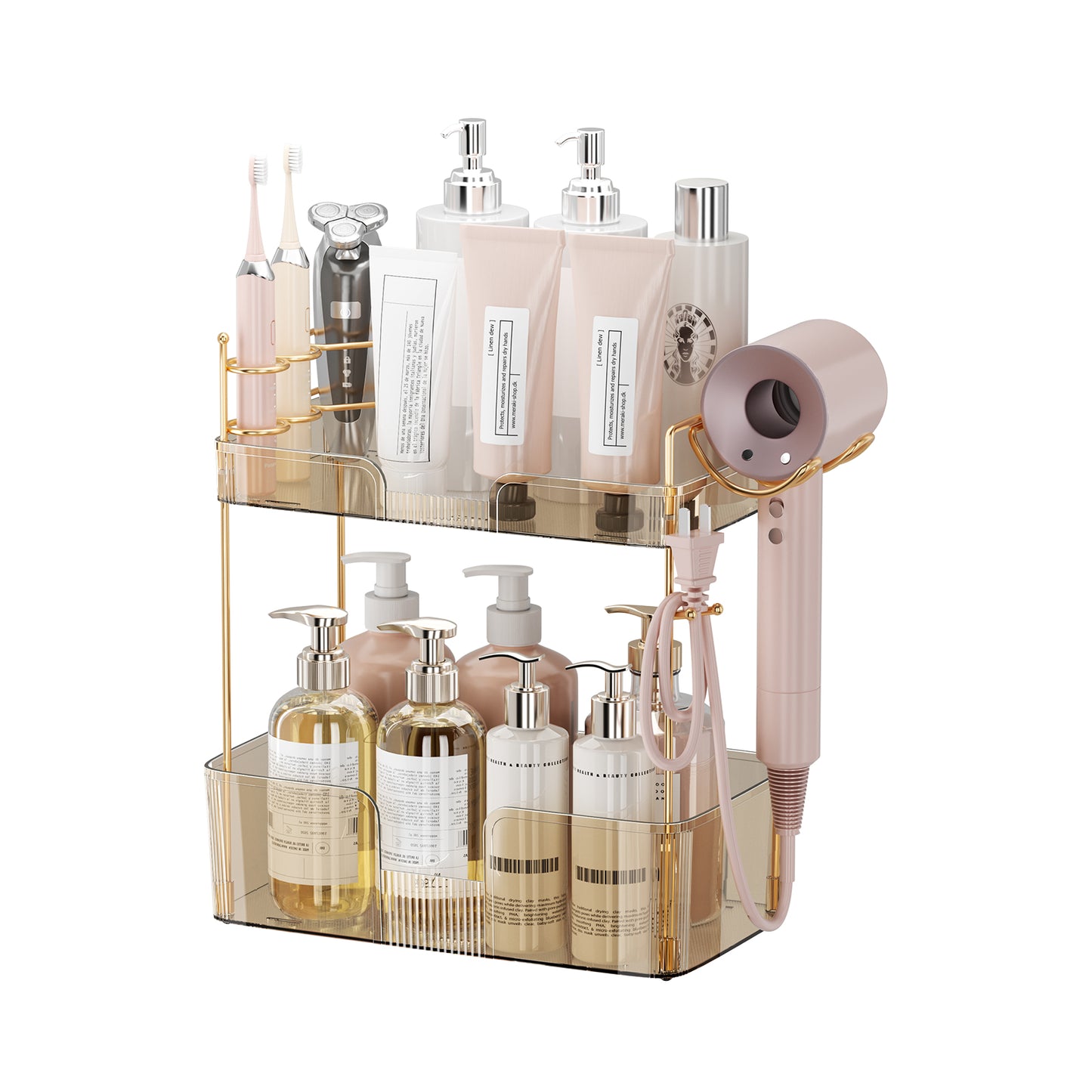 Multi-Tier Skincare and Makeup Organizer with Blow Dryer Holder, Durable PET Design, Spacious Storage, and Customizable Features