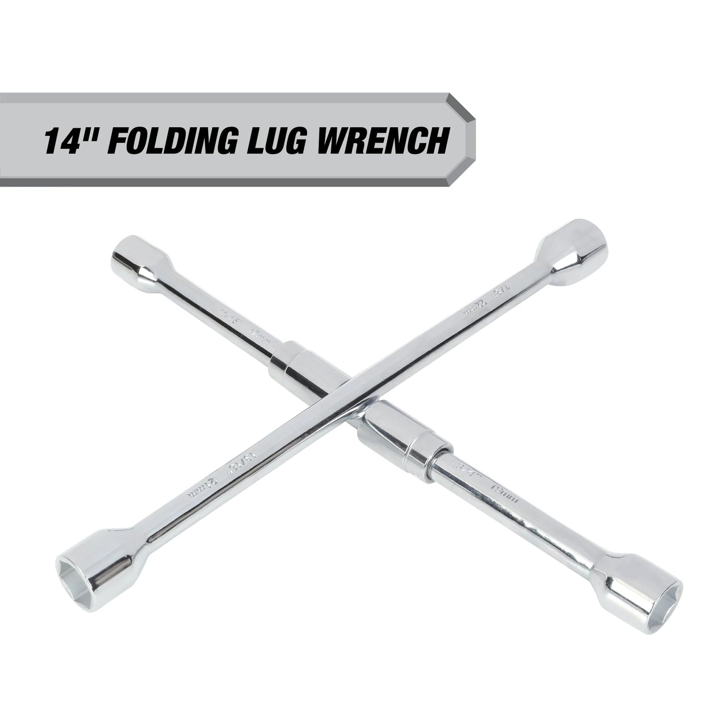 Heavy Duty Folding Lug Wrench, Carbon Steel, 14-inch Tire Iron, Chrome