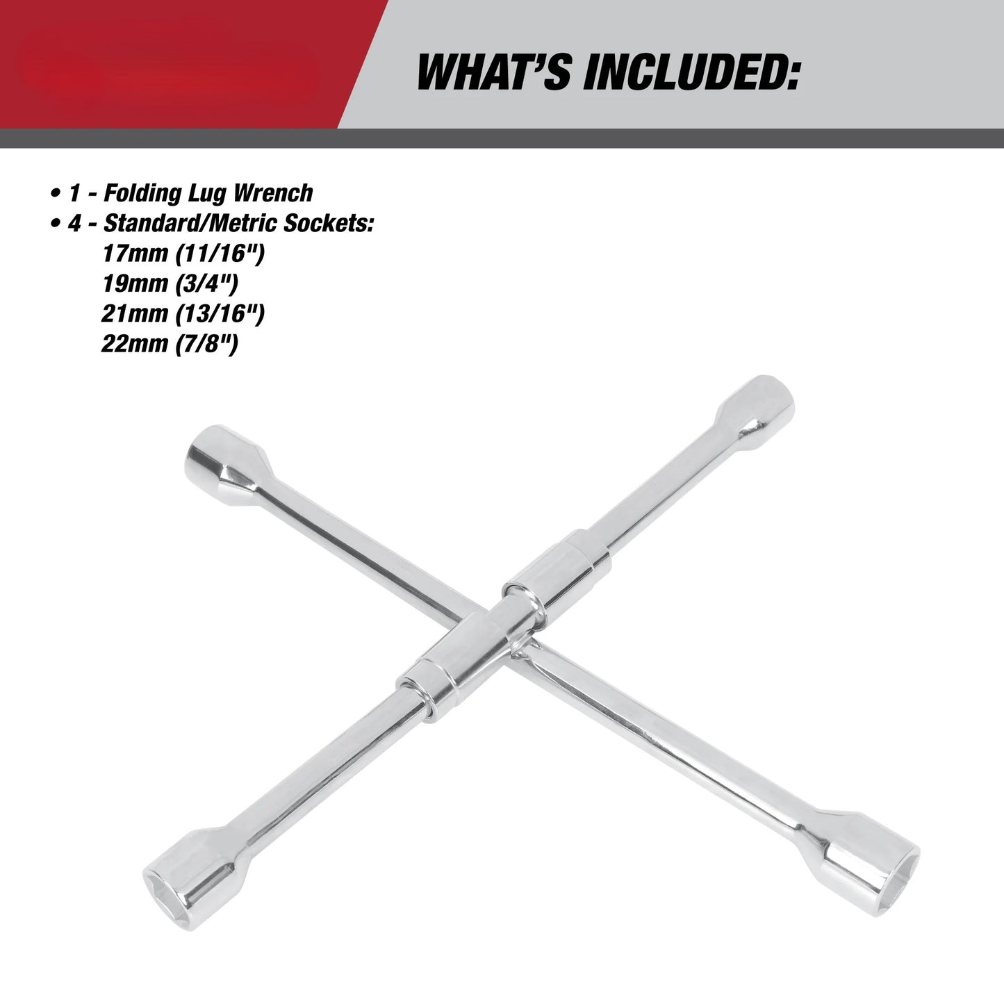 Heavy Duty Folding Lug Wrench, Carbon Steel, 14-inch Tire Iron, Chrome