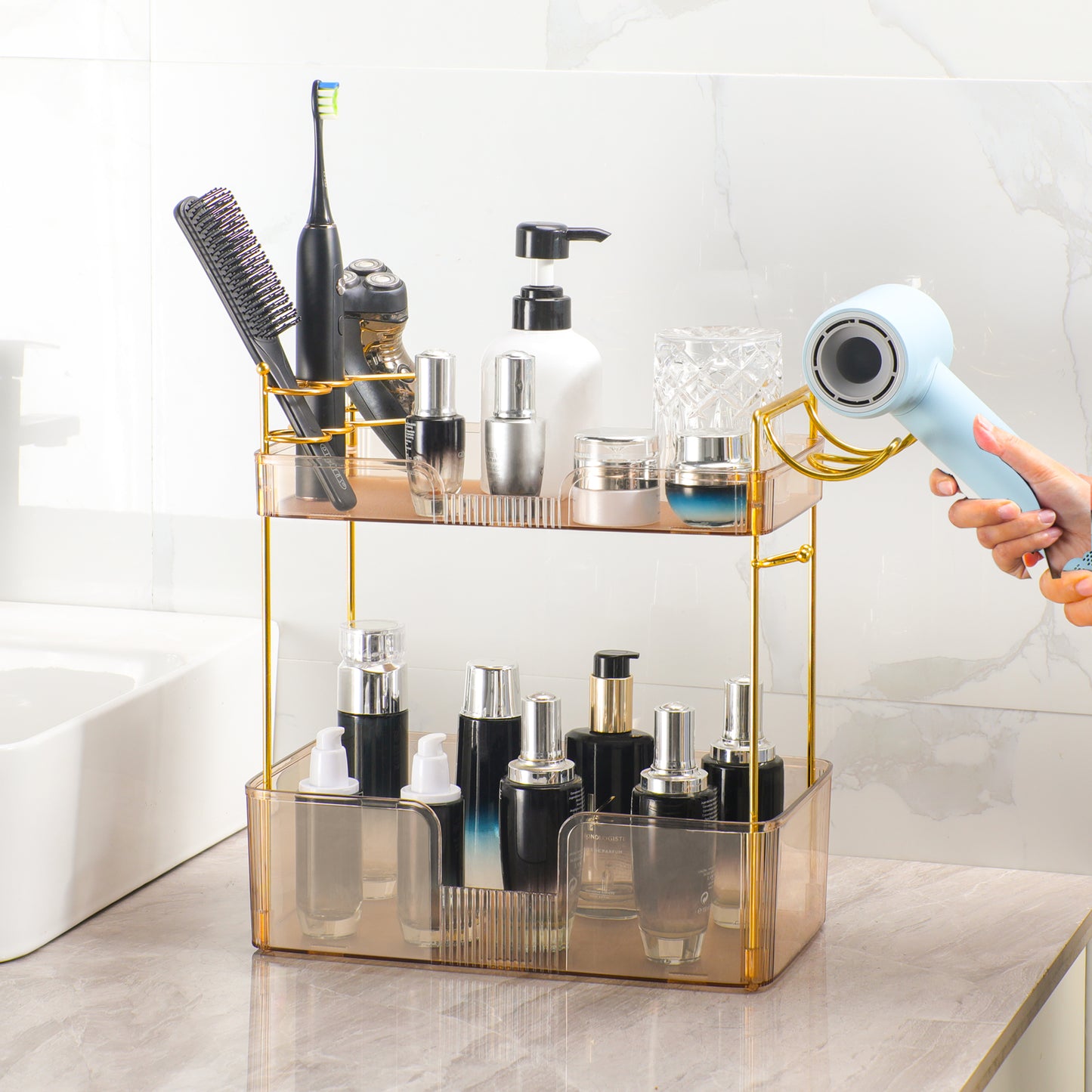 Multi-Tier Skincare and Makeup Organizer with Blow Dryer Holder, Durable PET Design, Spacious Storage, and Customizable Features