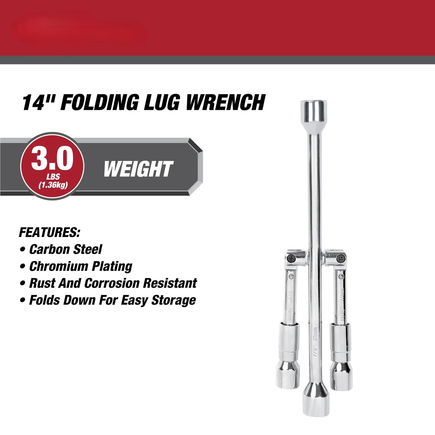 Heavy Duty Folding Lug Wrench, Carbon Steel, 14-inch Tire Iron, Chrome