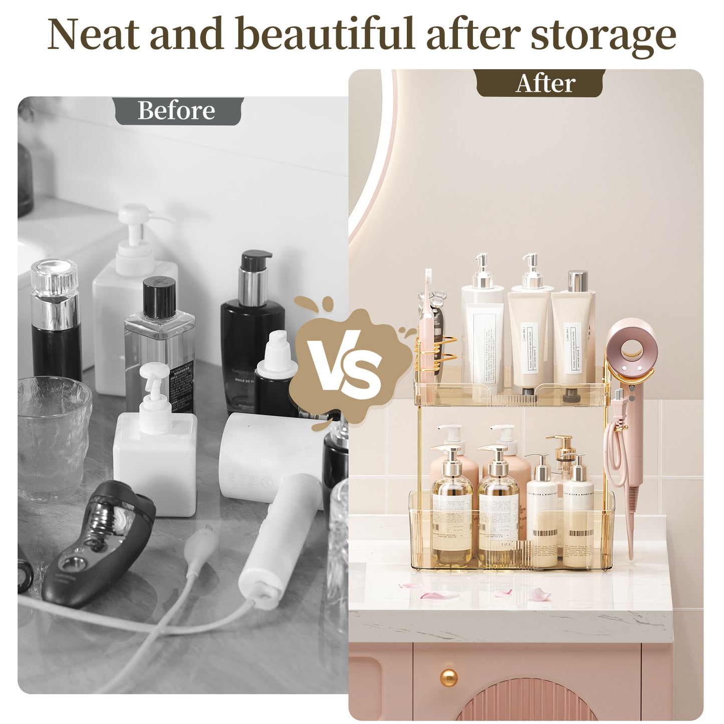 Multi-Tier Skincare and Makeup Organizer with Blow Dryer Holder, Durable PET Design, Spacious Storage, and Customizable Features