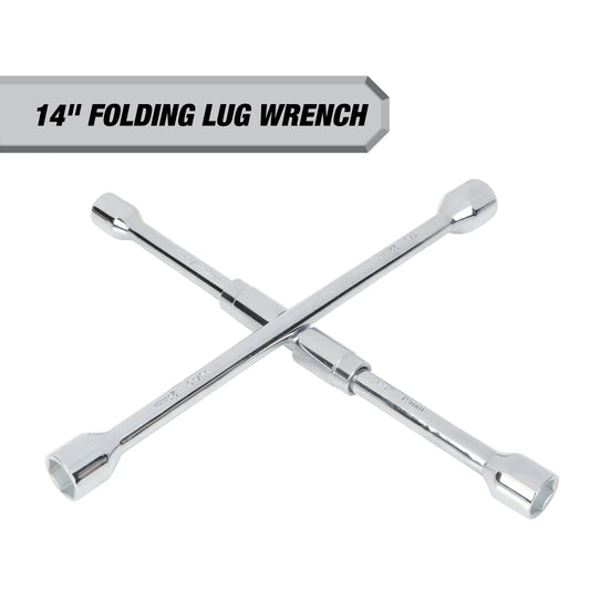 Heavy Duty Folding Lug Wrench, Carbon Steel, 14-inch Tire Iron, Chrome