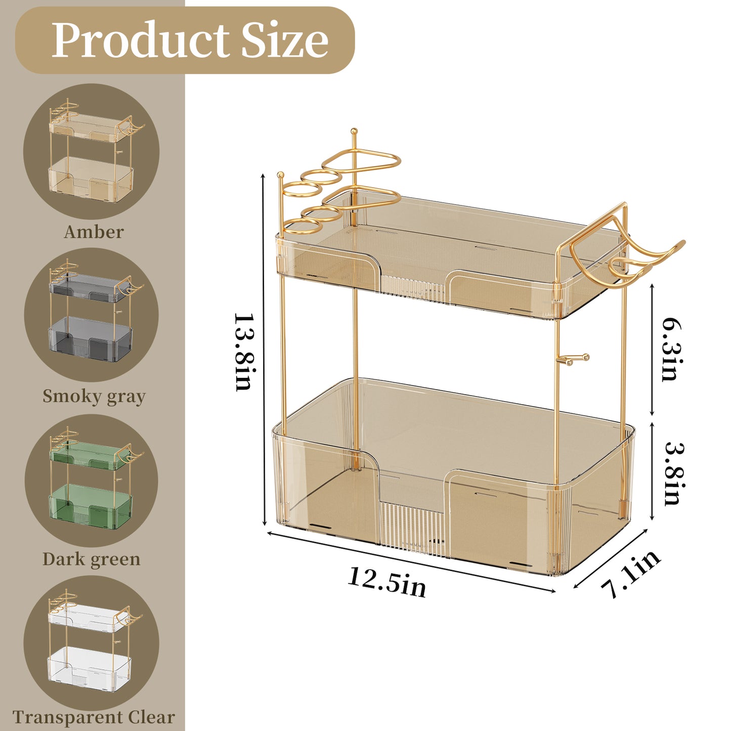 Multi-Tier Skincare and Makeup Organizer with Blow Dryer Holder, Durable PET Design, Spacious Storage, and Customizable Features