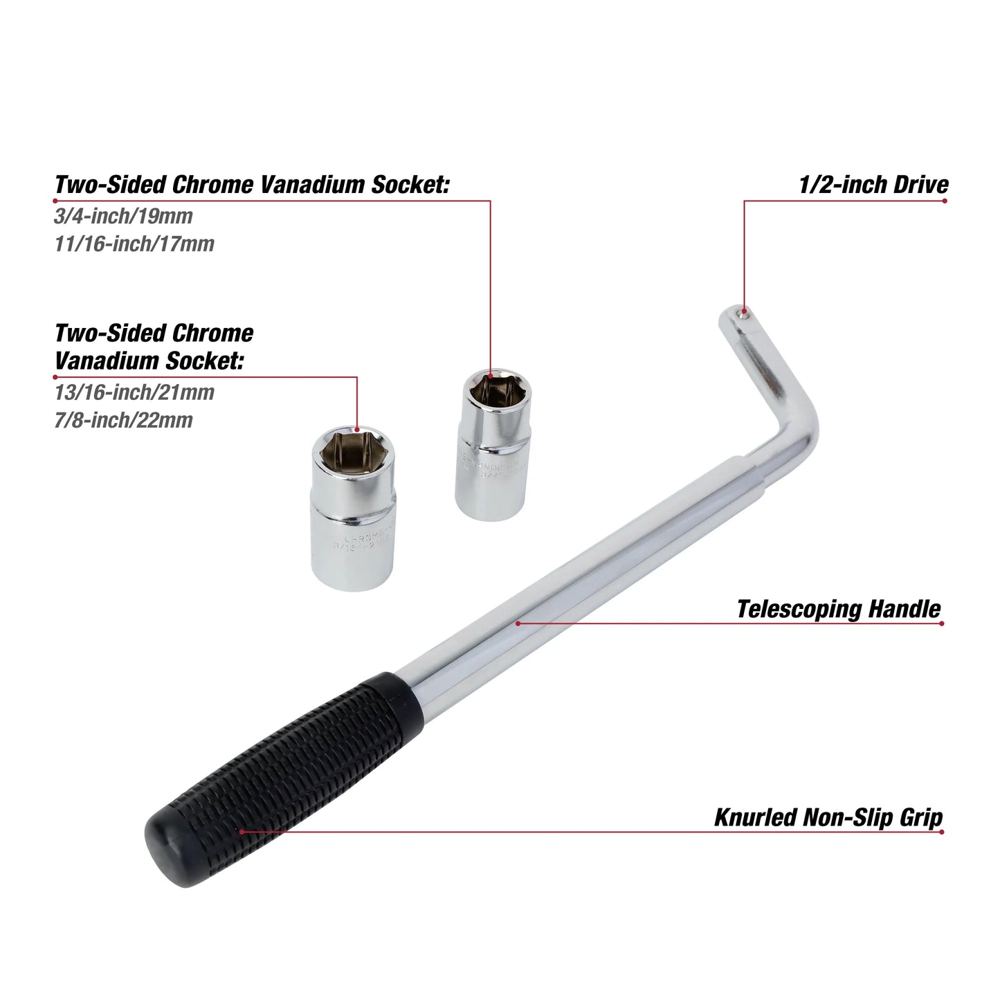 Heavy Duty Extendable Lug Wrench, 15 to 22-inch Tire Iron, Chrome