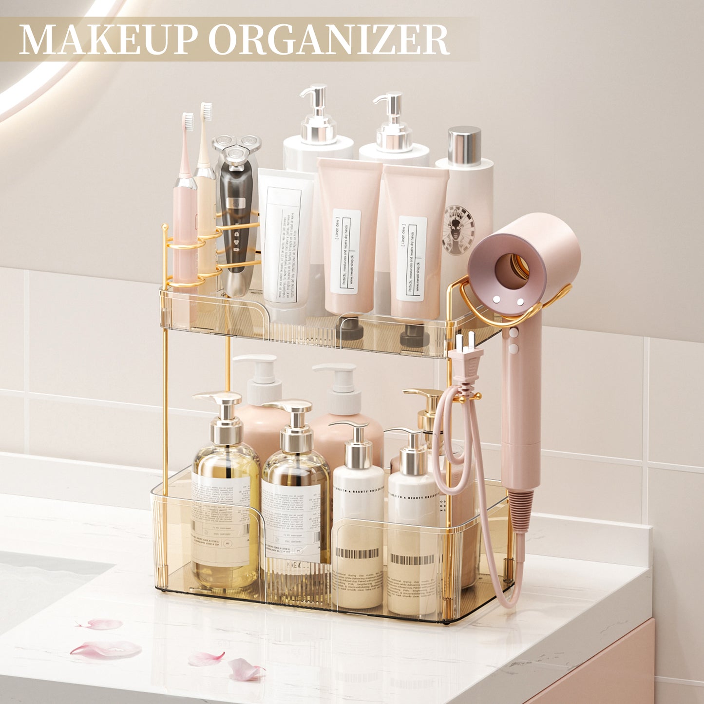 Multi-Tier Skincare and Makeup Organizer with Blow Dryer Holder, Durable PET Design, Spacious Storage, and Customizable Features